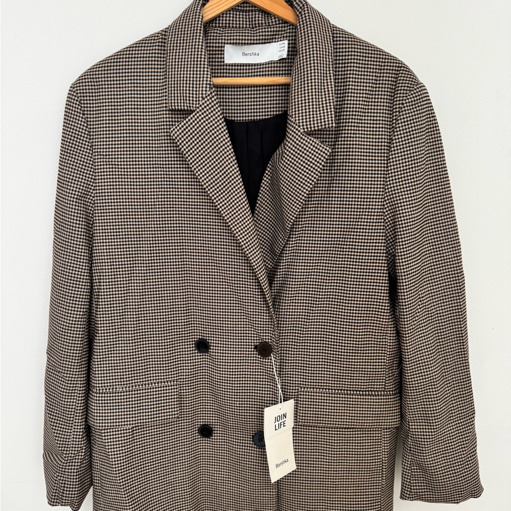 Bershka Black and Brown Checkered Blazer